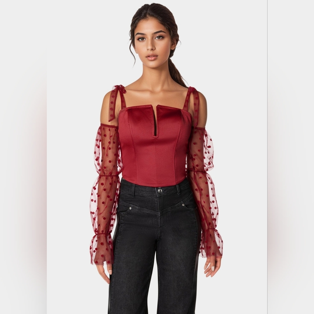 bebe Burgundy Red Satin Top with Sheer Polka Dot Sleeves NWT